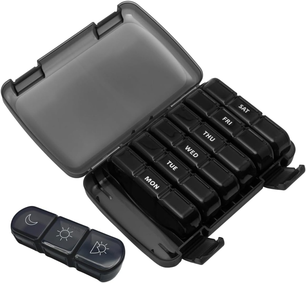 Dose faible hebdomadaire (7 jours) Daily Medtime Pill Organizer Case, Vitamine Planner and Medicine Container, grand compartiment individuel amovible, 3 fois par jour, voyage amical Noir, sans BPA