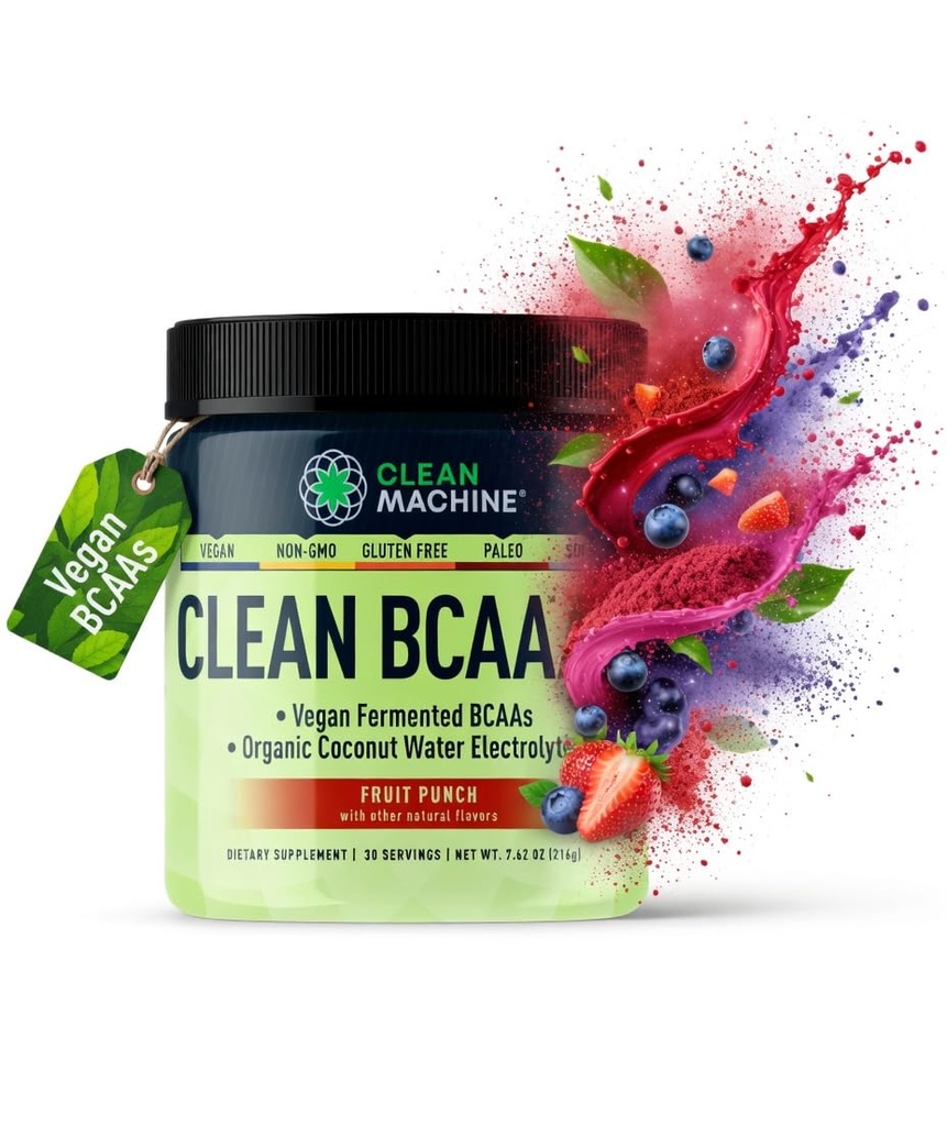Clean BCAA - 2:1:1 Alimentation d'origine BCAAs Poudre et eau de noix de coco Electrolytes Récupération et supplément d'énergie Amino - Supplément d'acide amino végétalien primé - 30 portions (30, punch de fruits)