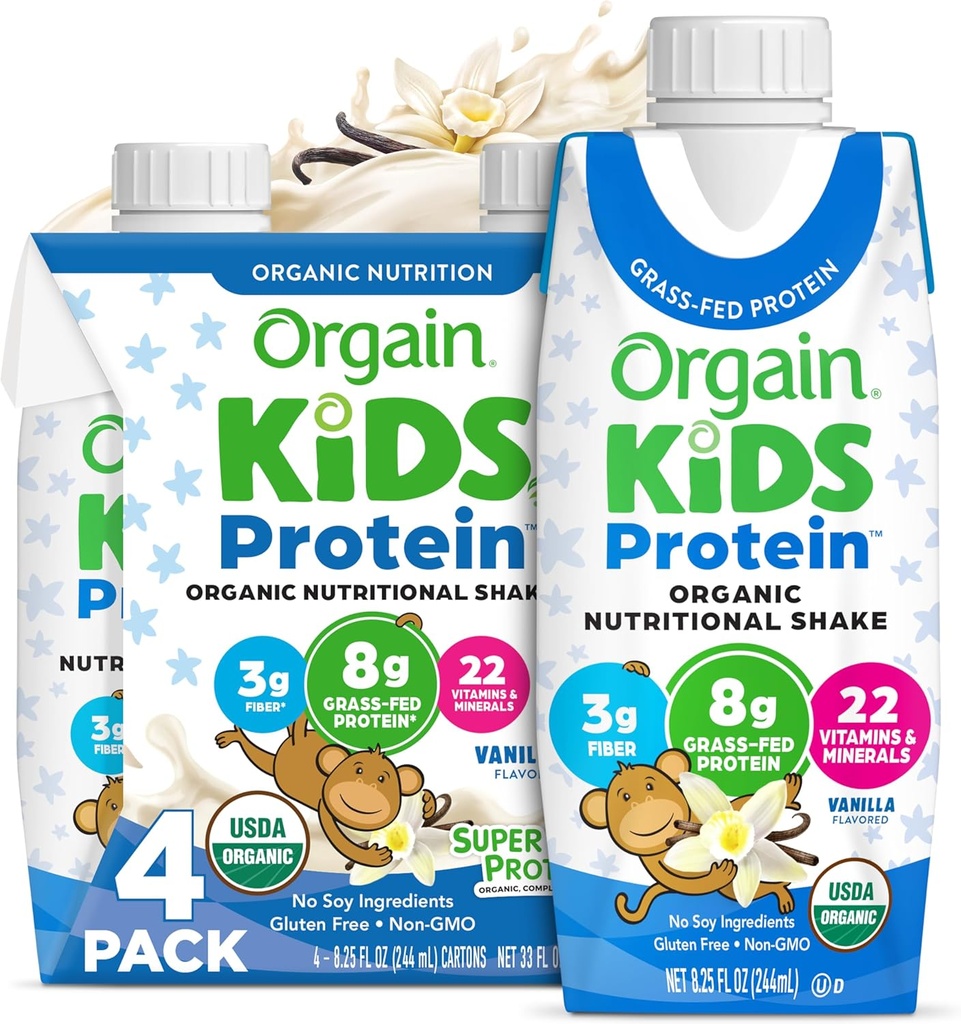 Mélange de protéines organiques pour enfants, vanille - 8g de protéines, 22 vitamines et minéraux, fruits et légumes, sans gluten, sans soja, sans OGM, 8,25 Fl Oz (paquet de 4)