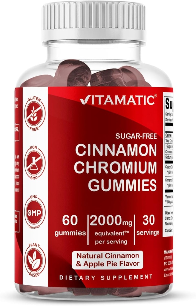 Gommies de chrome sans sucre vitamatiques avec cannelle Ceylan – Équivalent de 2000 mg par portion (extrait 83 mg) – Non-OGM, sans gluten – 60 Gommies végétaliens