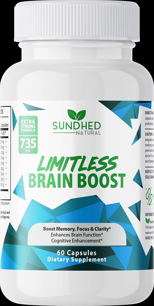 Brain Boost sans limite (60 capsules) - Mémoire, Focus, Clarté mentale - Nootropics Formule scientifique pour améliorer la performance, Super Ginkgo Biloba, St John Wort Extract, DMAE