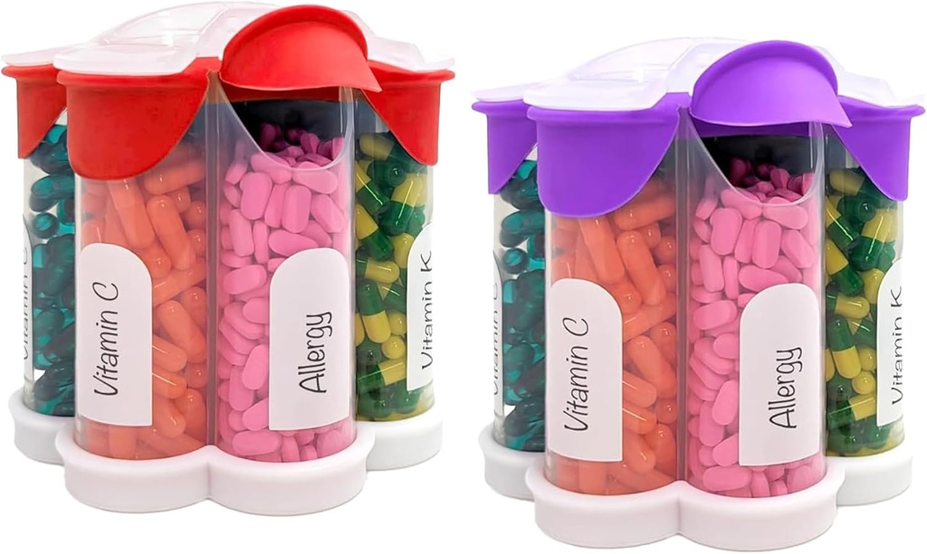 Extra Large Pill Organizer Daily, Weekly, Mensuel Supplément Bouteille, Distributeur de pilules Mignon avec 7 Compartiments XL (2 Pack Combo) (Purple et Rouge)