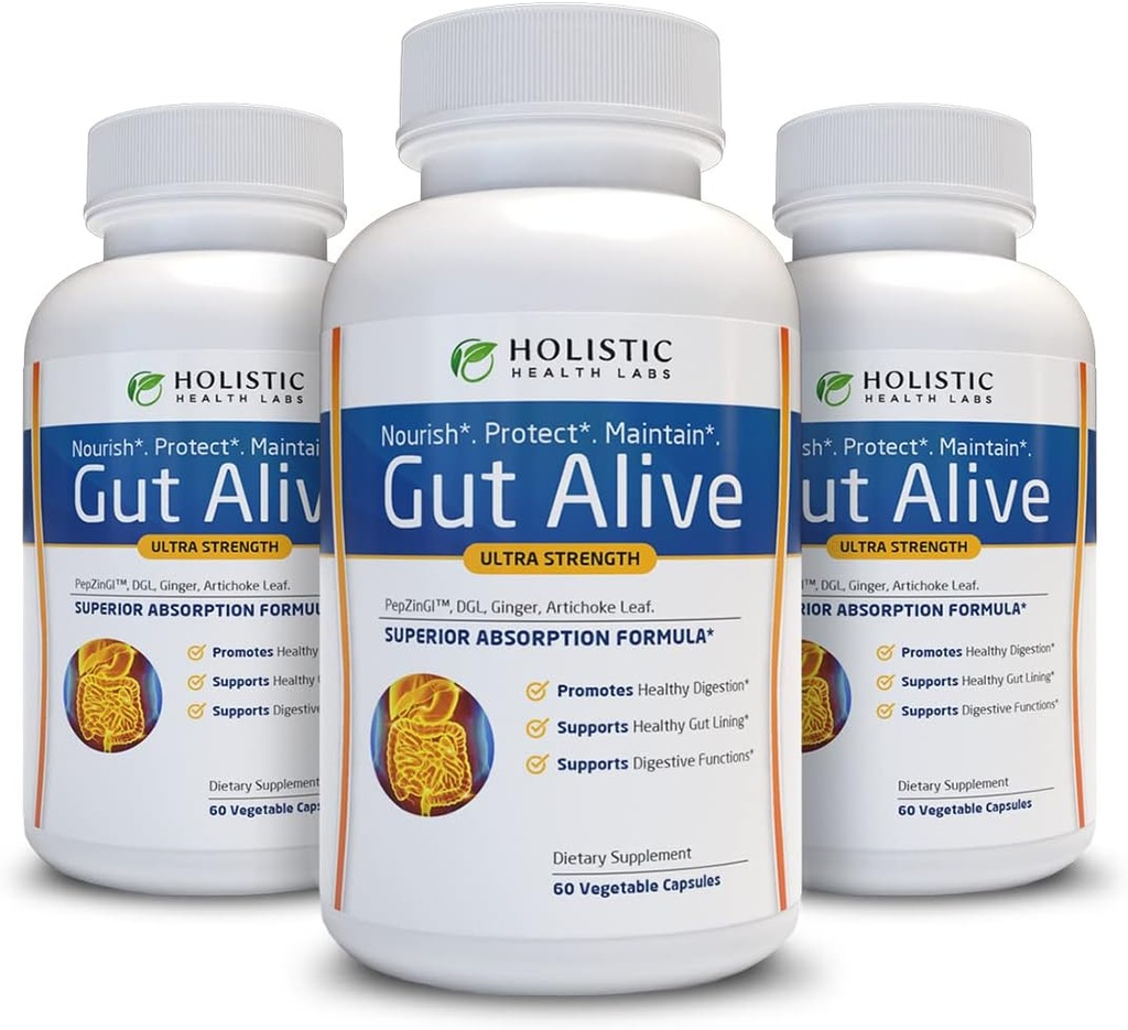 Gut Alive - All Natural Support to Fight IBS, Heartburn, Acid Indigestion, Acid Reflux, Bloating & Gas. Formulation unique (60 Compte (paquet de 3))