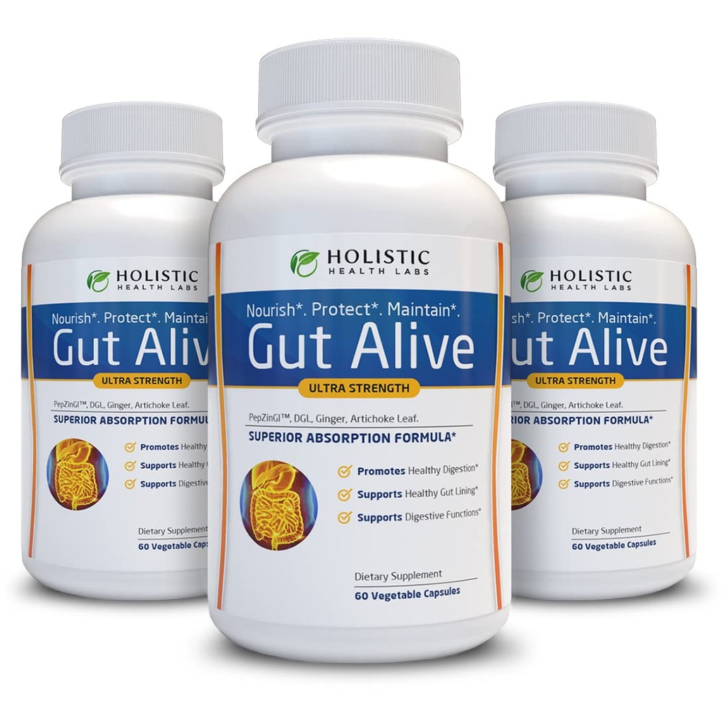 Gut Alive - All Natural Support to Fight IBS, Heartburn, Acid Indigestion, Acid Reflux, Bloating & Gas. Formulation unique (60 Compte (paquet de 3))