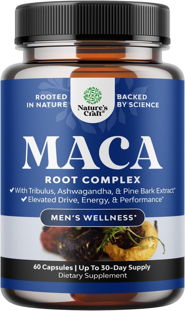 Potent Black Maca Root Capsules for Men - Supplément Bien-être Herbal avec Ginseng Sibérien Ashwagandha et Black Maca Root - Supplément Bien-être Homme pour soutenir la santé générale (30 portions)