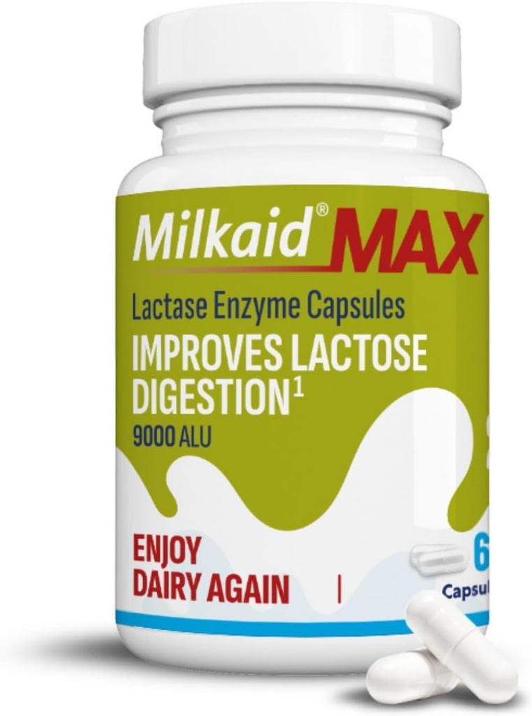 Laitaid Max Capsules pour le soulagement de l'intolérance à la lactose avec la lactase Enzyme, supplément alimentaire pour aider à prévenir le gaz, le gonflement et la diarrhée en raison de la sensibilité à la lactose.