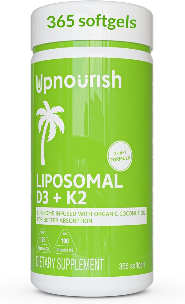 UpNourish Liposomal D3 & K2 MK-7, Absorption avancée pour la santé optimale des os et des immunes, fournitures 5000 UI 125 mcg Vitamine D3 et 100 mcg Vitamine k2 avec huile de coco biologique, 365 mini softgels