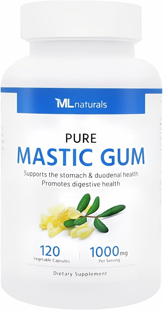 ML Naturals Mastic Gum 1000mg 120 Capsules Vegan. Qualité premium, soutient la santé stomacale et duodénale, certifié NSF et conforme aux GMPc