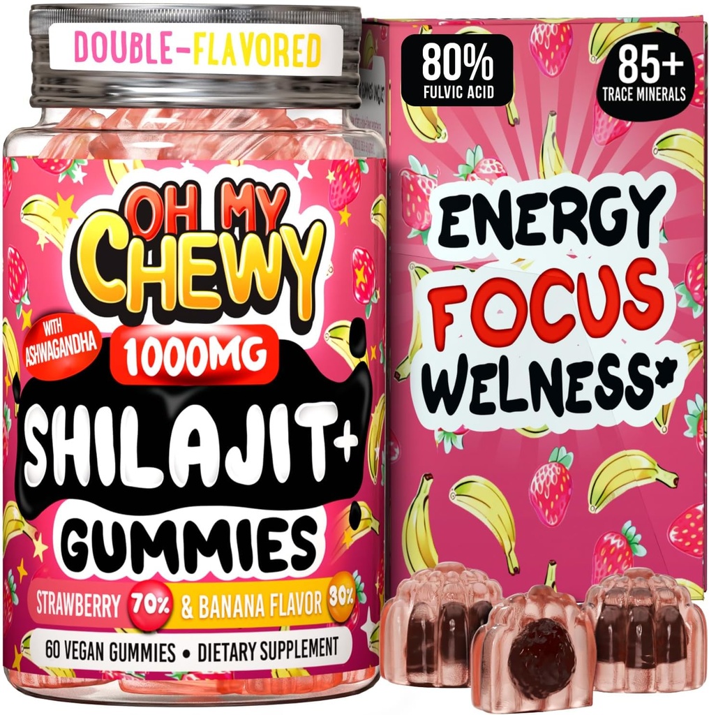 Pure Himalayan Shilajit Gummies - Haute puissance Gold Grade Resin - Energy Boost and Immune Support for Men and Women with Ashwagandha and Shatavari - 60 Gummy - Strawberry & Banana