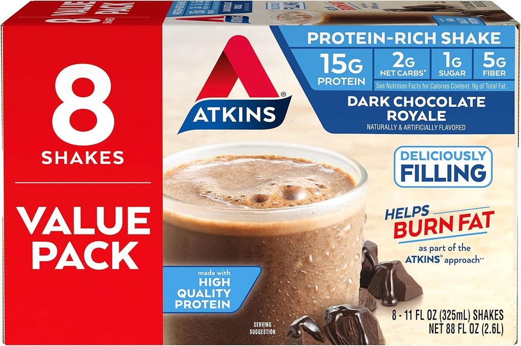 Atkins Gluten sans protéines-Rich Shake, Chocolat noir Royale, Kéto-Amiendly, 8 Compte (paquet de 1)