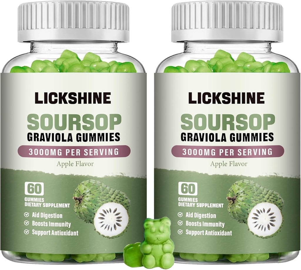 2 Pack Gommies de Soursop Graviola - 3000mg Supplément de Soursop extra-fort avec vitamine C, zinc - Aide digestive, soutien immunitaire et antioxydant - sans sucre, non-OGM, végétalien, 120 comtes