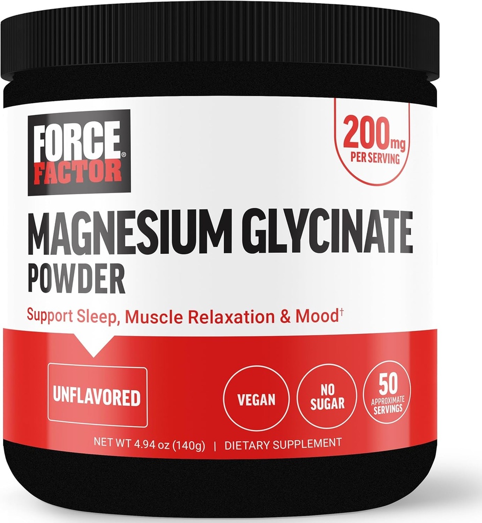 Force Factor Magnesium Glycinate 200mg, Magnesium Supplement for Women and Men to Support Sleep, Muscle Relaxation, and Mood, High Absorption, Vegan, 50 Servings