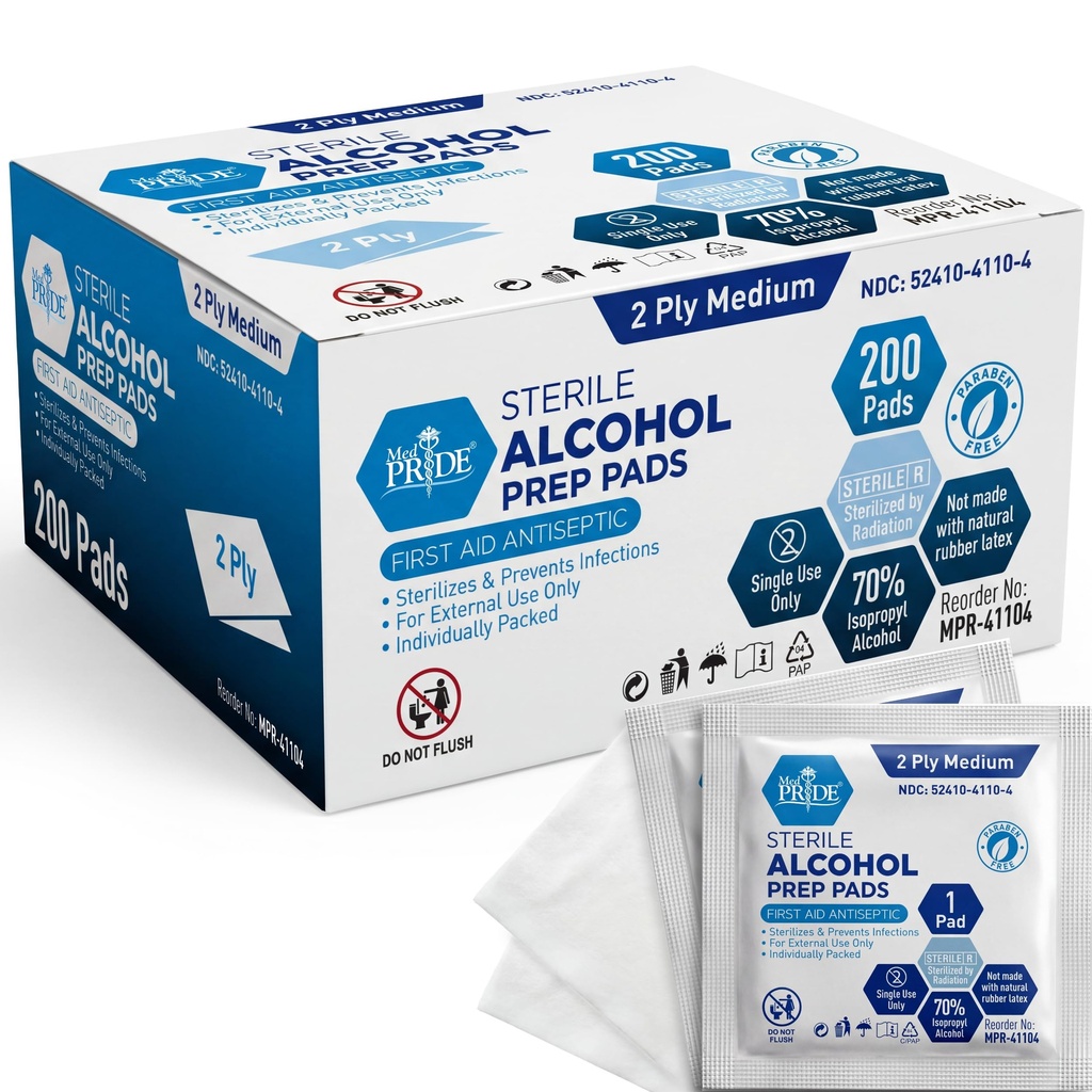 MED PRIDE Sterile Alcohol Prep Pads, 70% Isopropyl, 2-Ply, 200-Count Pack
