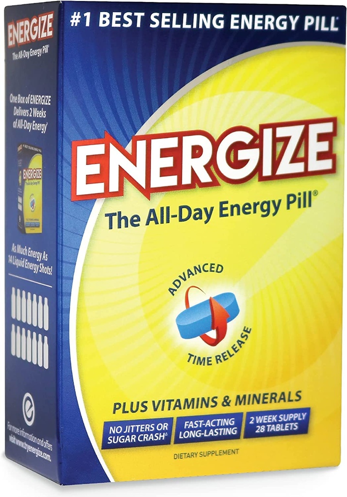 Energize Caffeine Pills - Fast Aging Energy Pill - Healthy Focus Cerveau Supplement - Amélioration de la performance, de l'alerte et de la clarté - Toute la journée Énergie, pas de jitters, pas de crash - 28 comprimés libérés à temps