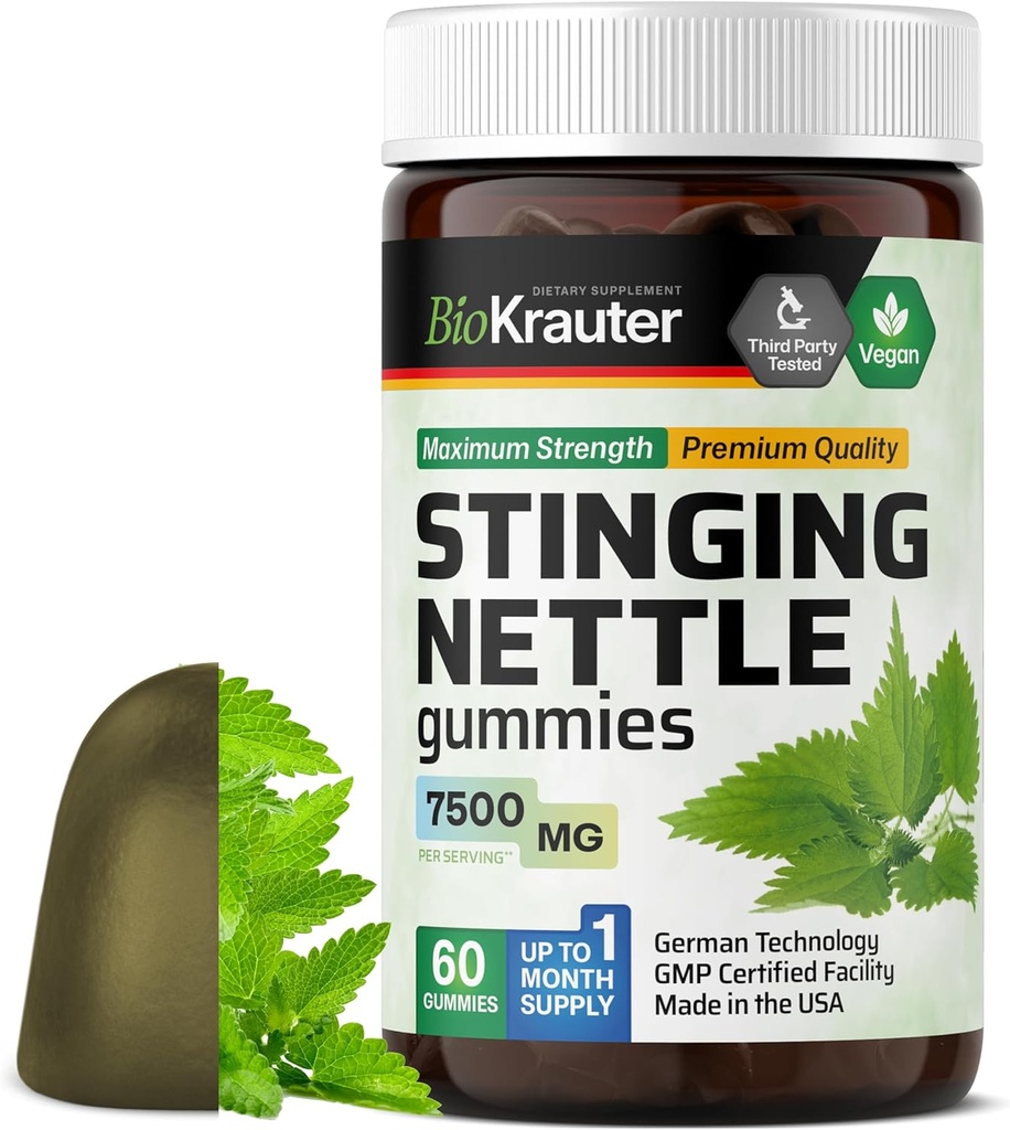 BIO KRAUTER Gommies à nerfs - 7500 mg Résistance - 60 Chews - Nettle Root 10:1 Extrait - Supplément de soutien urinaire - Gommies végétaliens Formule sans gélatine