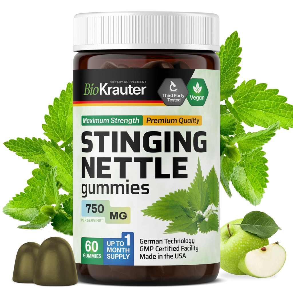 BIO KRAUTER Gommies à nerfs - 7500 mg Résistance - 60 Chews - Nettle Root 10:1 Extrait - Supplément de soutien urinaire - Gommies végétaliens Formule sans gélatine