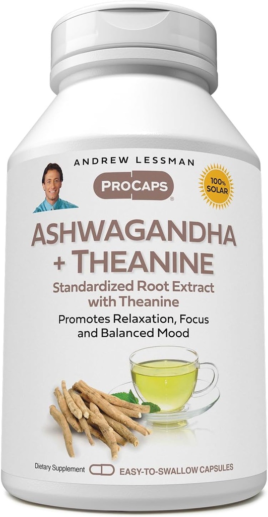 ANDREW LESSMAN Ashwagandha + Theanine 180 Capsules - Extrait normalisé. Favorise la détente, la concentration et l'humeur équilibrée. Petites capsules faciles à avaler