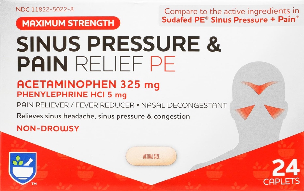 Rite Aid Sinus Pression et soulagement de la douleur PE, Non-Drowsy - 24 Comprimés Sinus Relief (Sinus Relief) Pain Relief (Sinus Relief) Insal Froid Medicine for Adults (Sinus Relief)