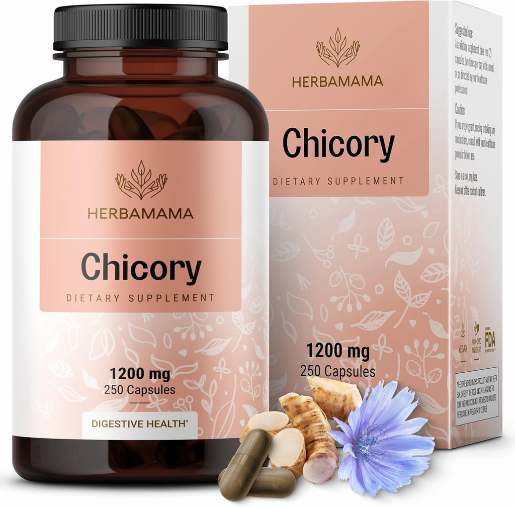 HERBAMAMA Capsules de fibre de racine de chicorée - 1200mg Poudre de racine de chicorée pour le nettoyage des intestins et le soutien digestif - Vegan, supplément de fibre prébiotique d'inuline non-OGM