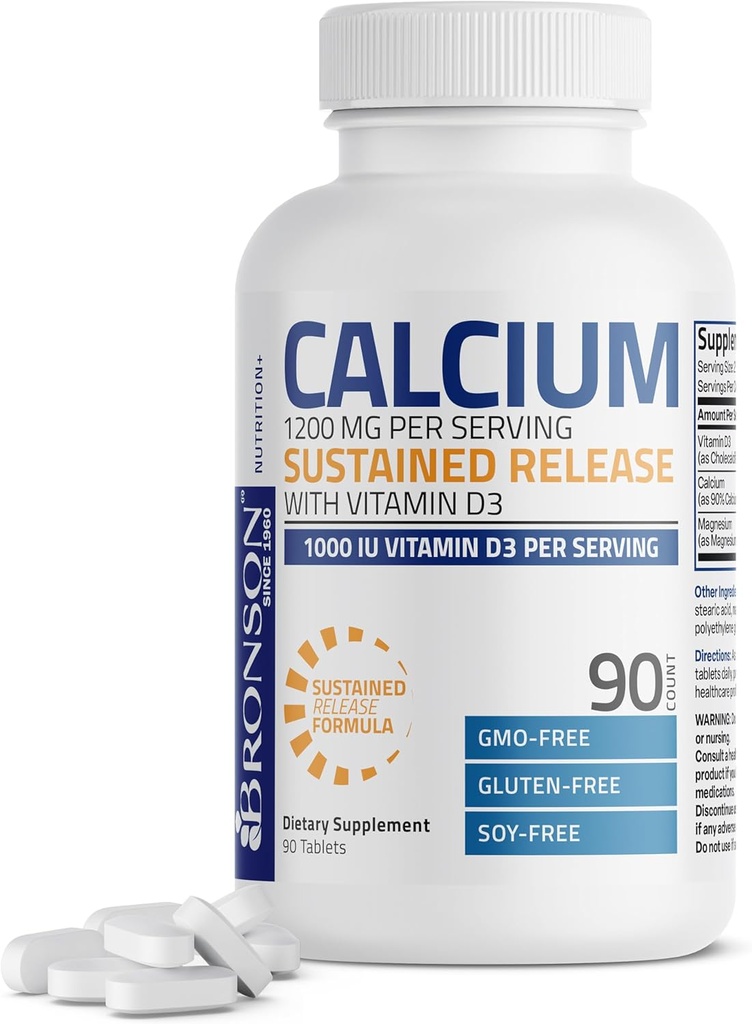 Bronson Calcium 1200 MG par portion à libération prolongée avec vitamine D3 1000 UI vitamine D3 par portion non-OGM, 90 comprimés