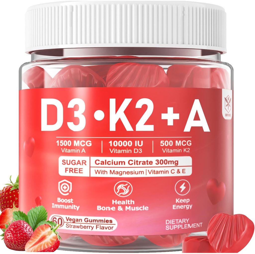Vitamine D3 10000iu + K2 MK7 + A Gommies avec du zinc de magnésium de calcium pour les femmes et les hommes, supplément de vitamine ADK haute puissance soutient système immunitaire sain, os et fonction de vision, sans sucre 120 Cts