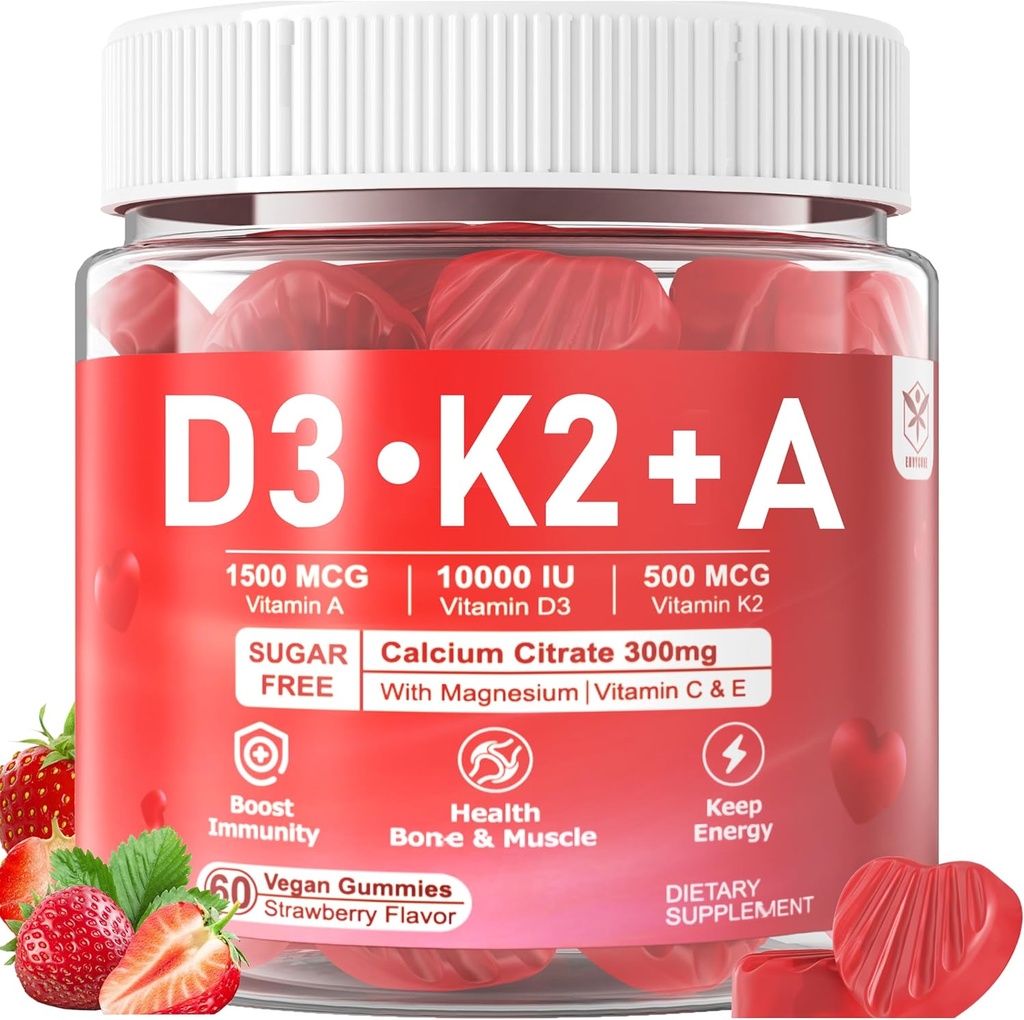 Vitamine D3 10000iu + K2 MK7 + A Gommies avec du zinc de magnésium de calcium pour les femmes et les hommes, supplément de vitamine ADK haute puissance soutient système immunitaire sain, os et fonction de vision, sans sucre 120 Cts