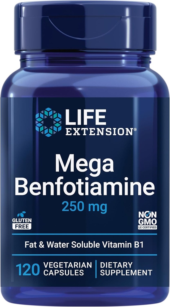 Prolongation de vie Mega Benfotiamine, 250 mg, une forme de graisse-soluble de la thiamine, métabolisme sain, vitamine B1 ultra-biodisponible, haute puissance, sans gluten, non-OGM, végétarien, 120 capsules