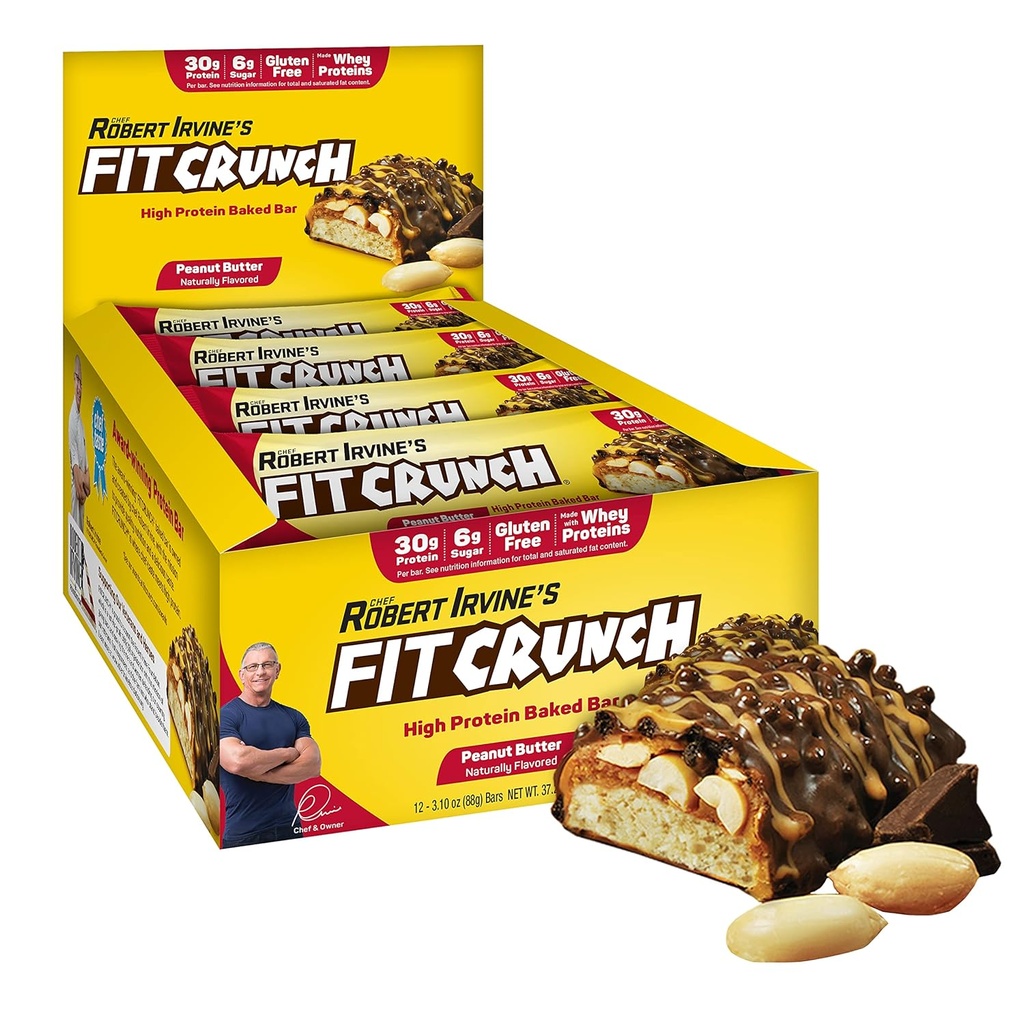 FITCRUNCH Barres protéinées pleine taille, barre cuite à 6 layer, 6g de sucre, sans gluten et noyau de gâteau doux (12 barres, beurre d'arachide)