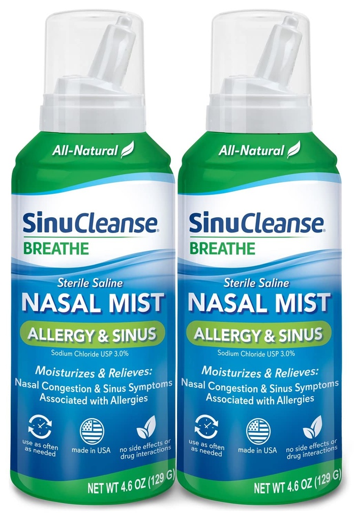 SinuCleanse Allergie & Sinus Stérile Saline Nasal Spray, Ultra Fine Mist, Hydratant instantanément et Soulage la congestion nasale sévère en raison des allergies, 4.6 Oz (2 Pack), Fabriqué aux États-Unis