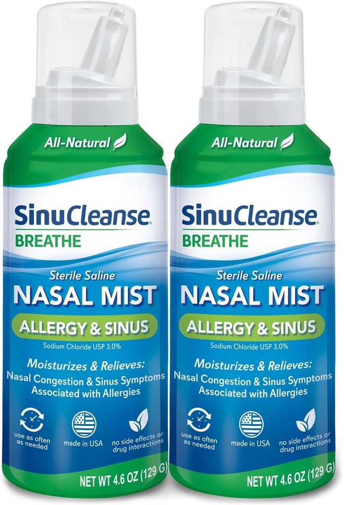 SinuCleanse Allergie & Sinus Stérile Saline Nasal Spray, Ultra Fine Mist, Hydratant instantanément et Soulage la congestion nasale sévère en raison des allergies, 4.6 Oz (2 Pack), Fabriqué aux États-Unis