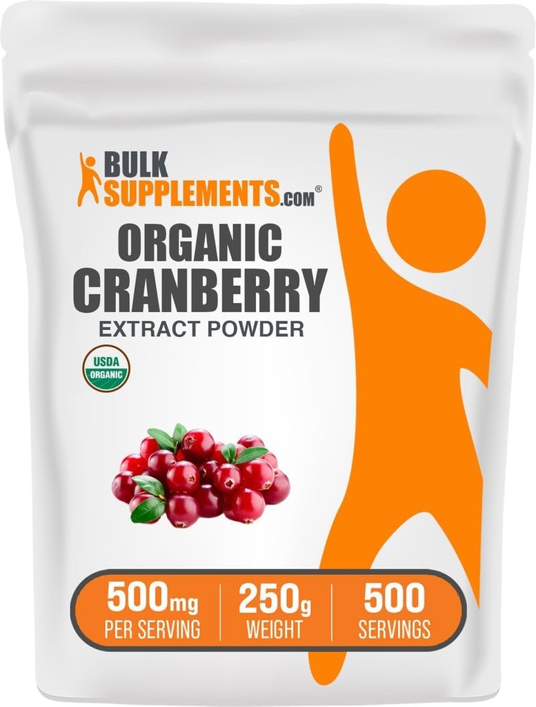 BulkSupplements.com Poudre d'extrait de canneberge biologique - Poudre d'arôme de canneberge biologique, provenant de Vaccinium Macrocarpon Fruit - Vegan & Gluten Free, 500mg par portion, 250g (8,8 oz) (paquet de 1)