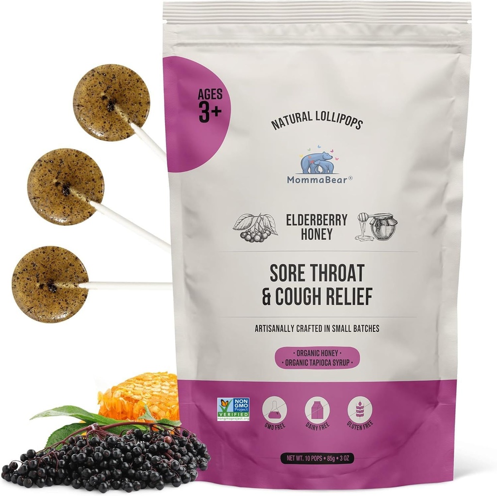 MommaBear Natural Mal Gorge Relief Lollipops – Elderberry & Honey Kids Cough Lollipops – Organic Cough Kids Lolli Treats, Pas d'additifs artificiels – Serré pour la fraîcheur (10 Pack)