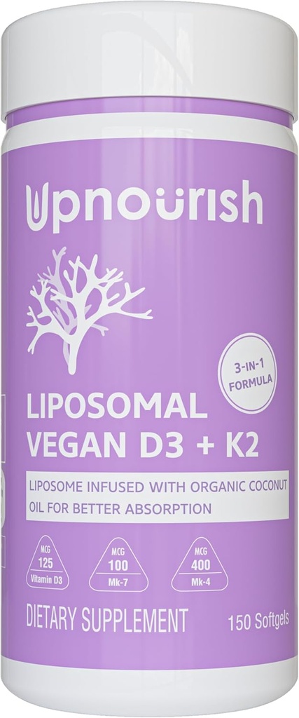 UpNourish Certified Vegan Vitamine D3 5000 UI K2 MK4 MK7 500 mcg Supplément, 150 softgels, Vitamine liposomique à base végétale D K avec huile de coco biologique, non OGM, sans gluten et sans gélatine