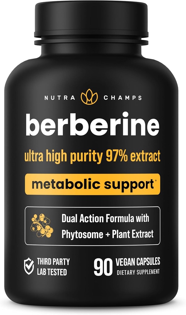 NutraChamps Berberine Supplement Ultra High Strength 97% Pureté de Berberine HCL 1500mg + Berbevis Extrait de Phytosome pour Absorption améliorée et Soutien métabolique