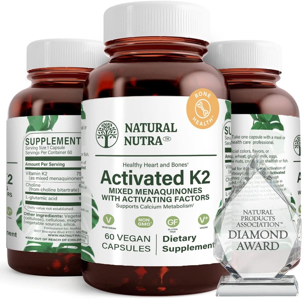 Nutra naturel spectre complet supplément vitamine K2, soutien santé cardiovasculaire, fonction hépatique, santé métabolique, santé cardiaque, aide favorise la santé osseuse et dentaire, 75 mcg, 60 capsules (Pack de 3)