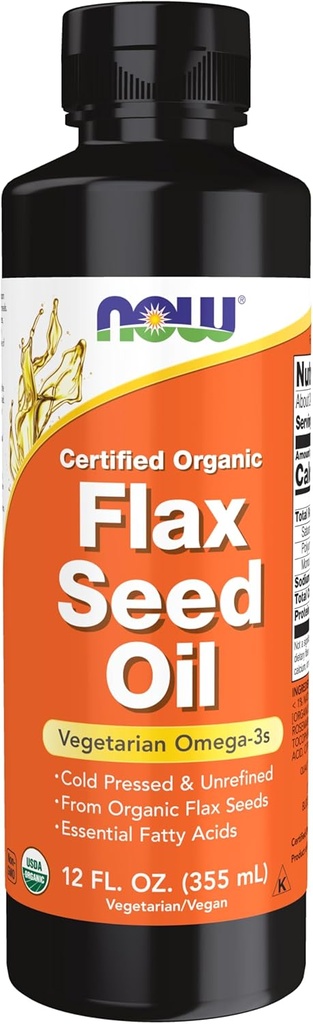 NOW Foods Supplements, Certified Organic Flax Seed Oil Liquid, Cold-Pressed and Unrefined, 12-Ounce