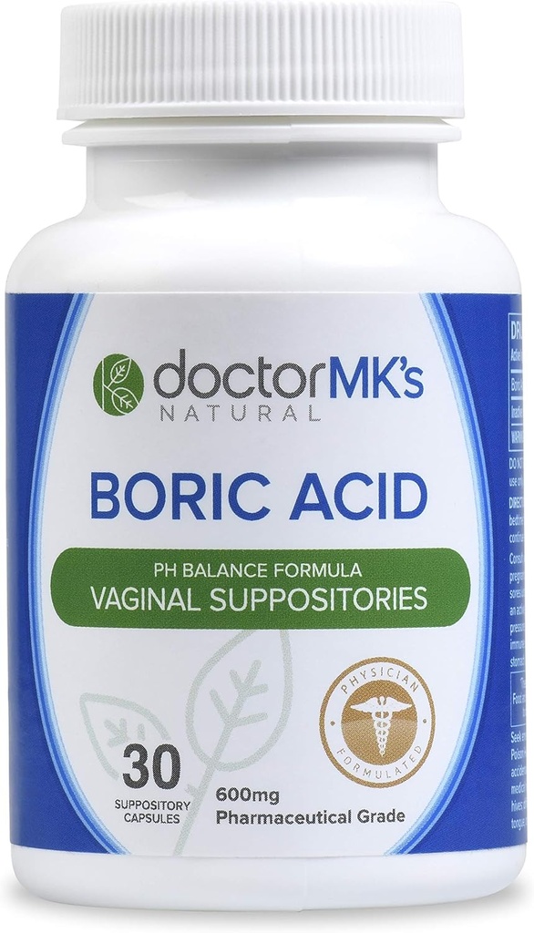 docteur MK's NATURAL Boric Acid Suppositories (600mg) pour le pH sain de la féminine. 30 Capsules suppositoire vaginale
