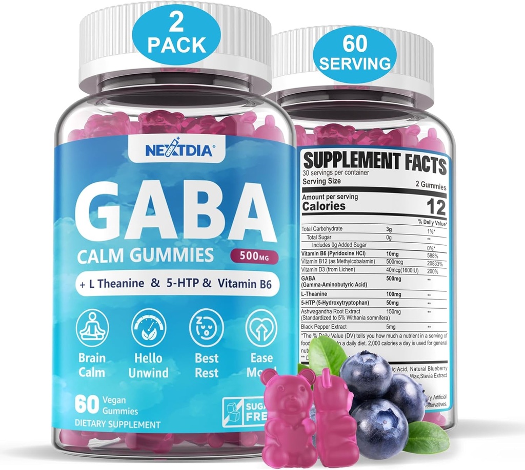 Gommies GABA 500 mg - Gommies calmes sans sucre avec L Theanine, 5-HTP, Vitamines D3, B12, Ashwagandha, Melatonine-libre pour le cerveau calme, l'humeur, Zzz mieux, supplément GABA pour adulte, Blueberry Flavor, Vegan