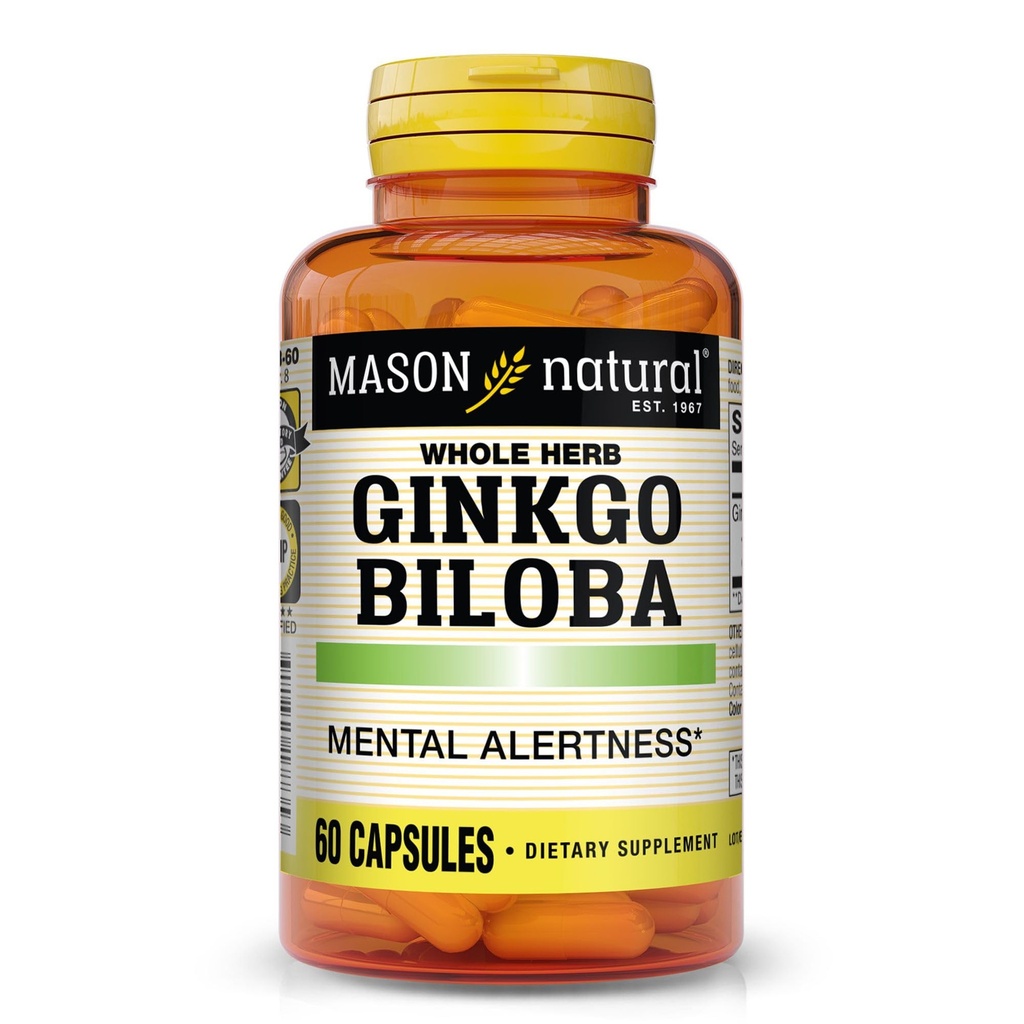 Mason Natural Ginkgo Biloba, 1 mois d'approvisionnement, aide à améliorer l'alerte mentale et le soutien Fonction cérébrale optimale, 60 capsules