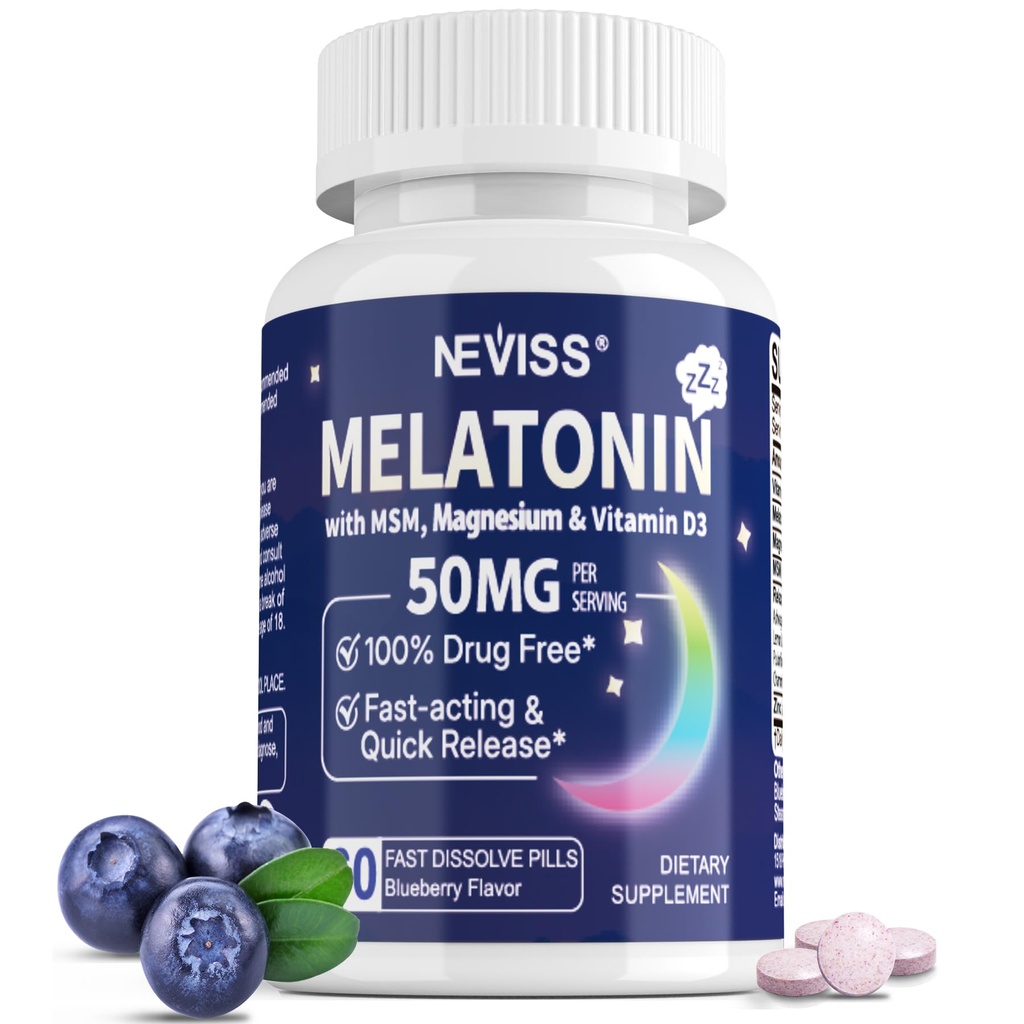 Mélatonine 50 mg pour adultes - Extra Strength 9-en-1 Dissolve rapide Sublingual - w/Vitamine D3 & MSM, Relaxing Herbal Blend-Ashwagandha, Lemon Baume, Passionflower,Camomille,Sugar Free, Vegan 60 portions