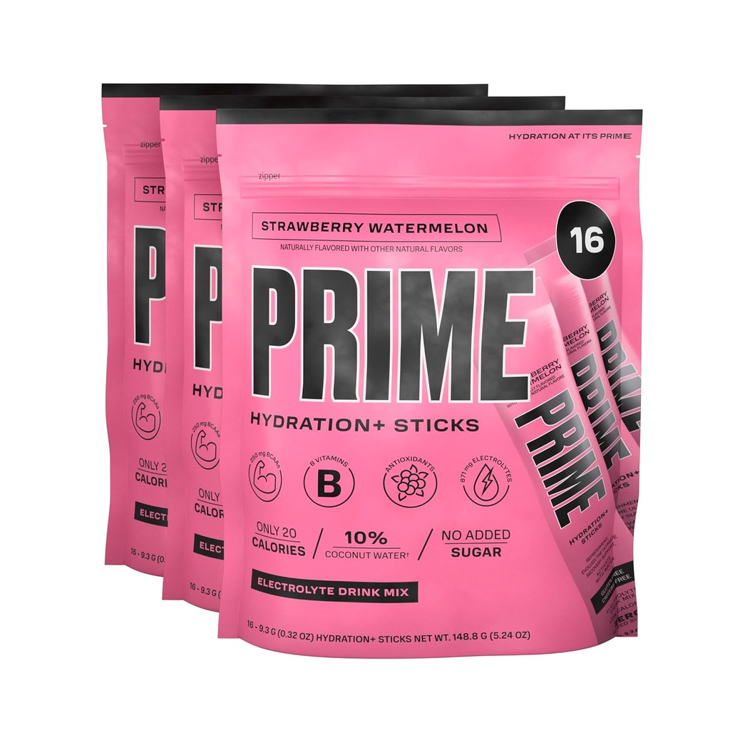 PRIME HYDRATION+ Sticks Strawberry Watermelon | Hydration Powder Single Serve Sticks | Electrolyte Powder On The Go | Low Sugar | Caffeine-Free | Vegan | 48 Sticks