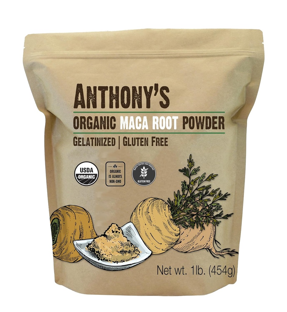 La poudre de racine de maca biologique d'Anthony, 1 lb, gélatinisée pour une biodisponibilité accrue, sans gluten, sans OGM