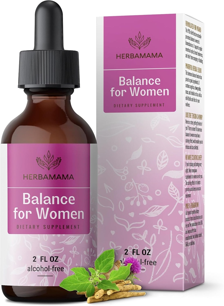 HERBAMAMA Balance pour les femmes gouttes - Thistle de lait, Vitex Berry, Angelica, Maca Root & Ashwagandha Suppléments pour femmes - Vegan, alcool et sans sucre, 28 jours d'approvisionnement