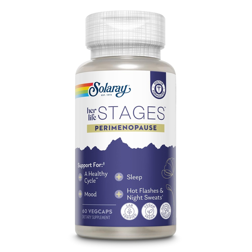 SOLARAY Periménopause sa vie Stages - Suppléments Periménopause Femmes - Flashs chauds, Soutien à la ménopause - Safran et Chasteberry - Fait sans Hormones - Garantie de 60 jours - 30 portions, 60 VegCaps