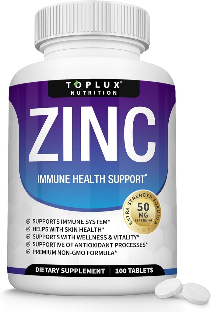 Supplément de zinc 50mg pour le soutien immunitaire – Oxyde de zinc naturel pur pour booster le système immunitaire, la peau et le soutien antioxydant, booster d'immunité haute puissance, pour les hommes femmes, 100 comprimés