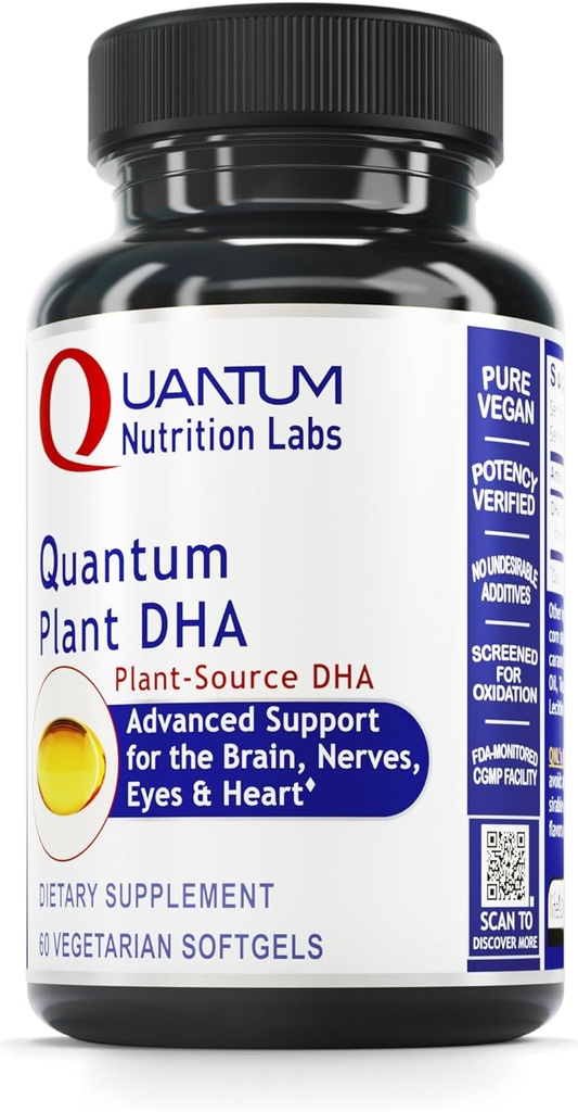 Quantum Nutrition Labs Plant DHA - Non-OGM Vegan DHA avec Omega 3 acides gras, DHA à base d'algues pour les femmes et les hommes, complément DHA naturel adapté aux végétaliens- 60 capsules de softgel végétariennes