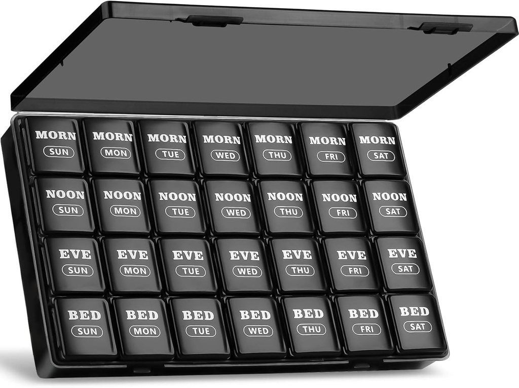 XL Large Weekly Pill Organizer 4 fois par jour, 7 jours Pill Boxes and Organizer AM PM, Gros Compartiments Pill Case, Mensuel Medicating Organizer 28 jours Distributeur d'huiles de poisson