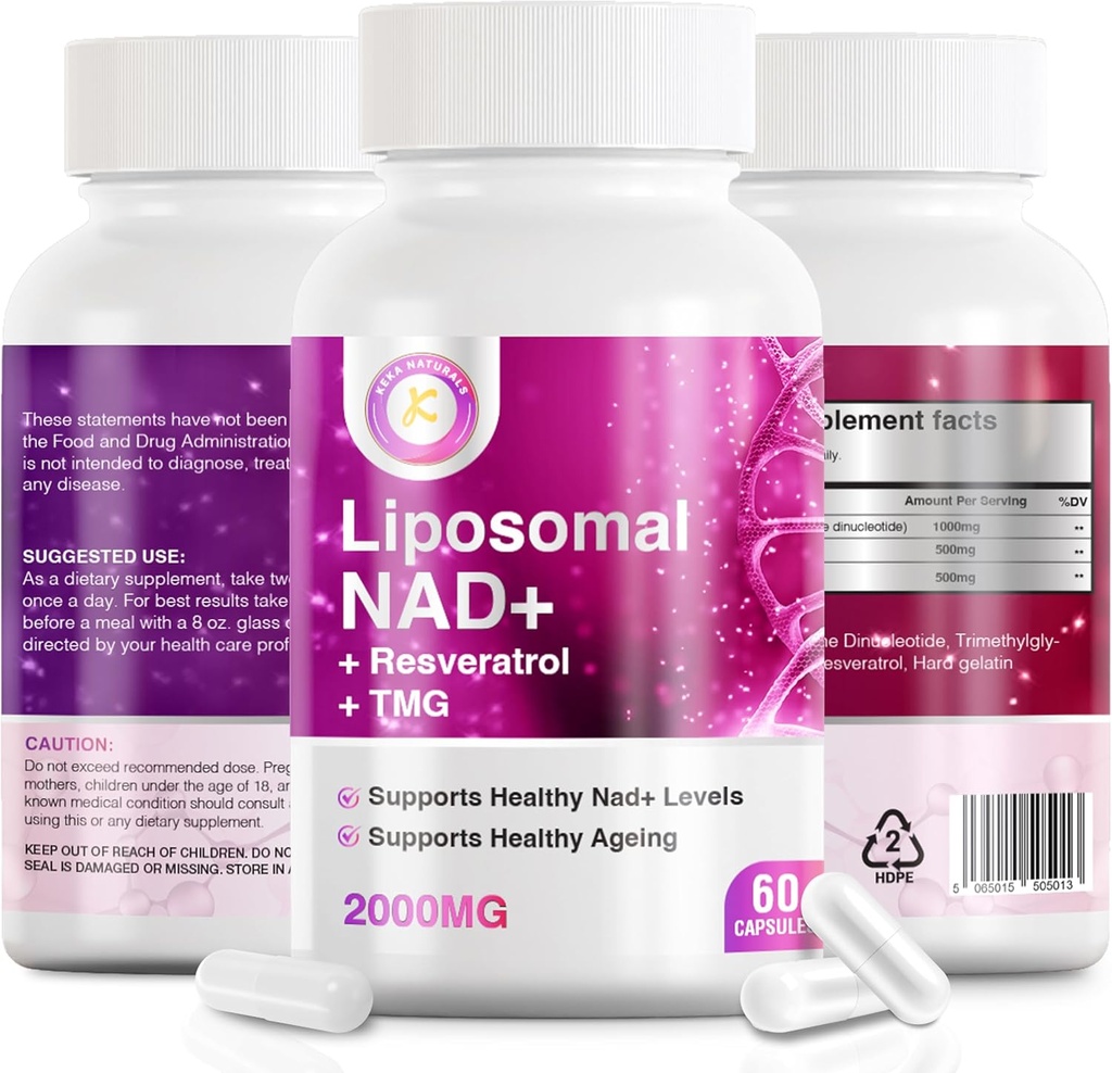 Resvératrol NAD pur et TMG, 2000mg, 3 en 1 Formule avancée, Immuni et soutien énergétique, peau et santé globale, 60 Capsules