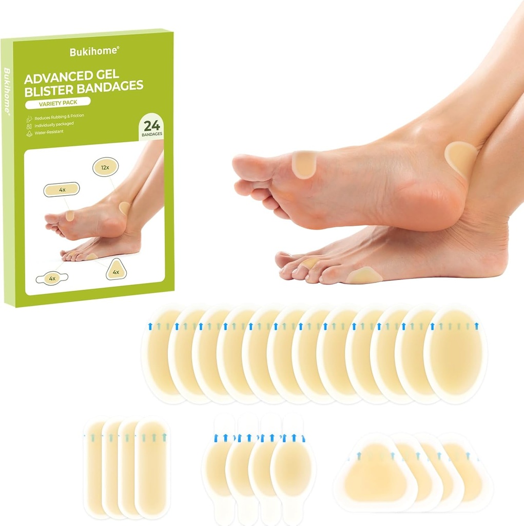 Gel Blister Hydrocolloid Bandage Pads- Bukihome 24 Count Blister Cushions for Foot, Toe, Heel - Water Resistant Bandages, Blister Pads for Prevention & Recovery (Variety Pack)
