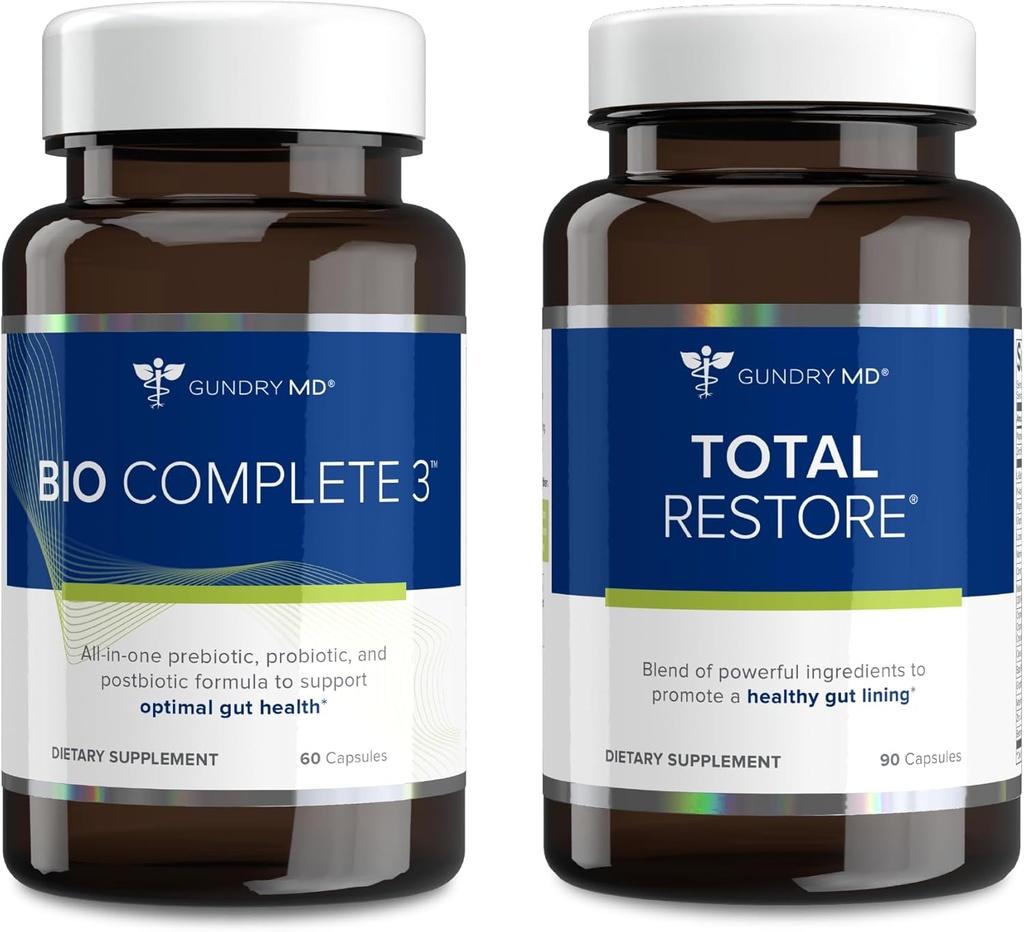 Gundry MD Bio Complete 3 et Total Restore Bundle - Prébiotique, probiotique, postbiotique pour soutenir la santé optimale des gourdes